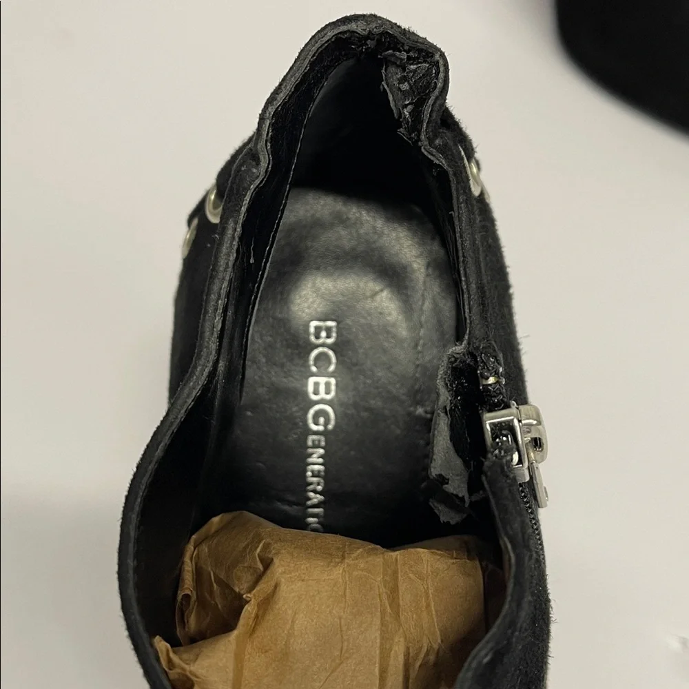BCBGeneration black suede platform stiletto ankle booties with laceup detail